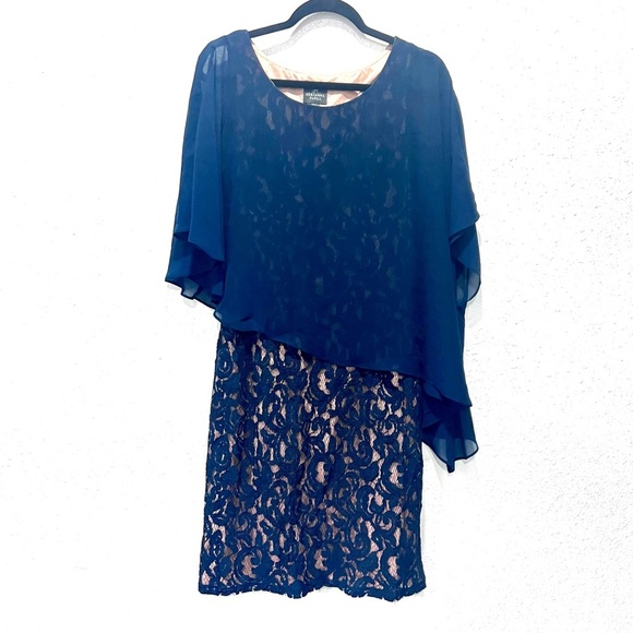 Adrianna Papell navy blue asymetrical overlay draped Dress 12 - Picture 4 of 12